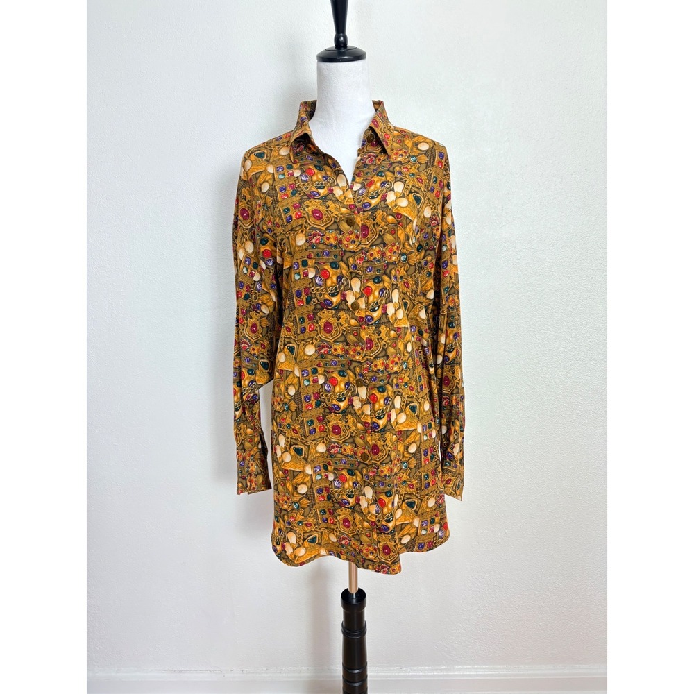 Y2K Vintage 100% Silk Gold Crown Jewels Long Sleeve Button Up Dress Size 10